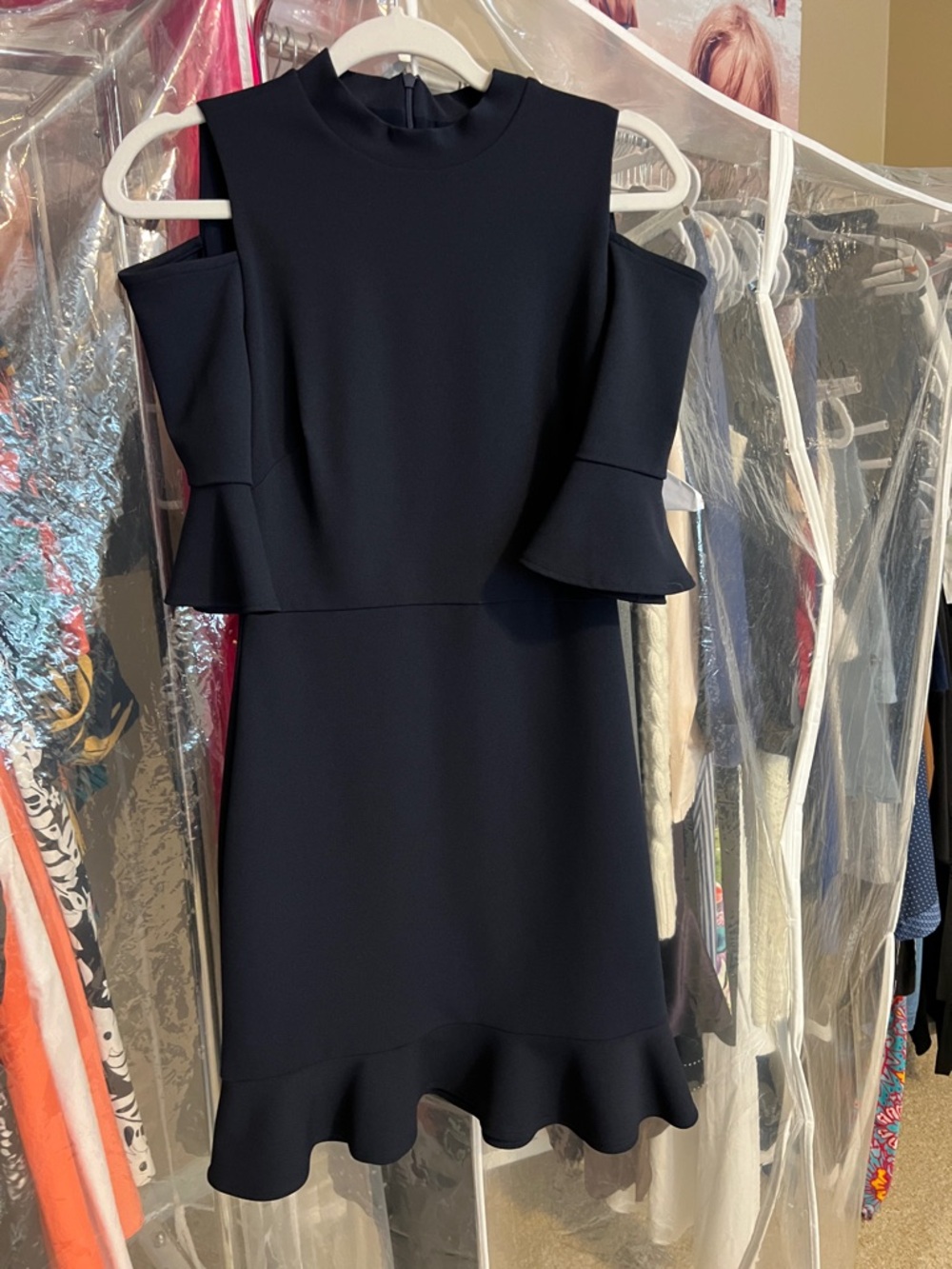 NWOT Allen Schwartz Navy Blue Cold-Shoulder Ruffle-Hem Dress